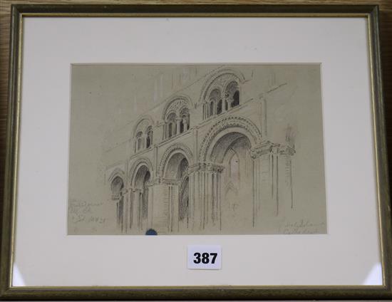 Albert Goodwin (1845-1932), pencil and chalk on tinted paper, Holy Island Cathedral, inscribed, Sarah Colegrave 17 x 24cm